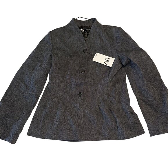 NWT Zara V Neck Linen Wool Blend Button Up Blazer Gray Womens Medium - Picture 1 of 10